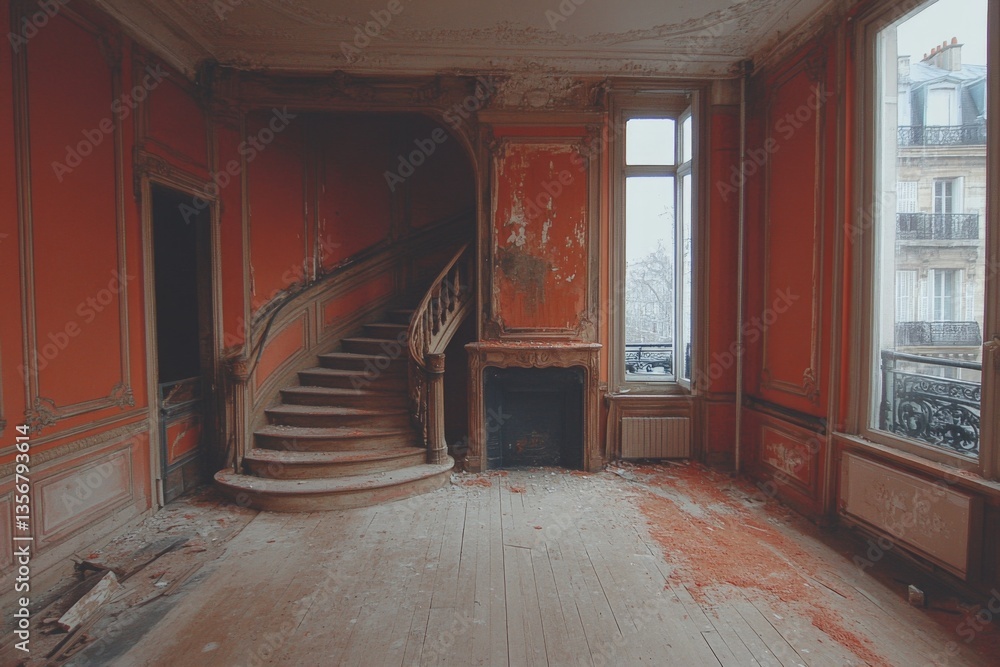 Aufkleber abandoned interior of a historic building showcasing ornate architecture and weathered features