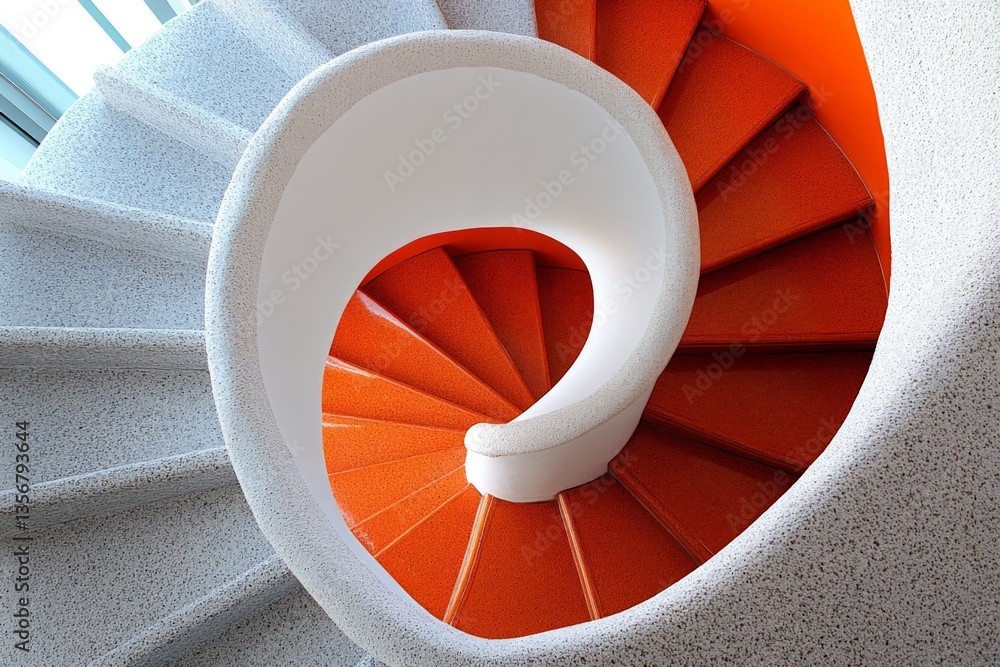 Poster spiraling staircase design with orange and white colors in modern architecture