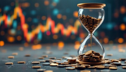 Time is Money: Hourglass Filled with Gold Coins Against Stock Market Chart Background