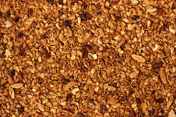 Homemade Granola with Almonds, Walnuts, Seeds and Raisins. Breakfast Food. Cooking Granola.