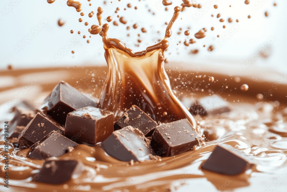 Poster melting chocolate cubes create a delightful splash in creamy chocolate sauce during a culinary sessi