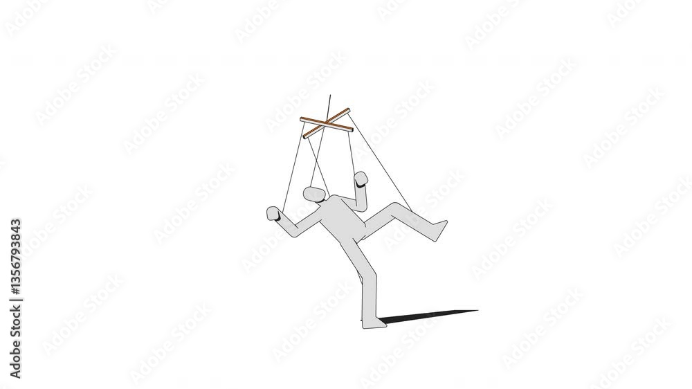 Poster white puppet suspended by strings falling under control 2d character animation. psychological contro
