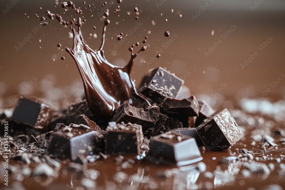 Poster chocolate splashing over dark chocolate chunks on a surface during a baking preparation, capturing a