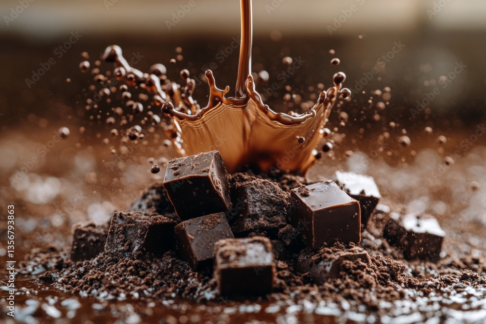 Poster dark chocolate splashes atop cocoa powder creating a rich dessert preparation scene in a warm kitche
