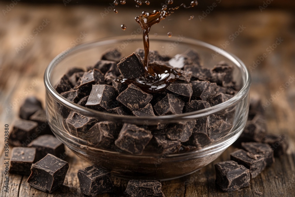 Poster chocolate chunks in a glass bowl with melted chocolate drizzling over them on a rustic wooden counte