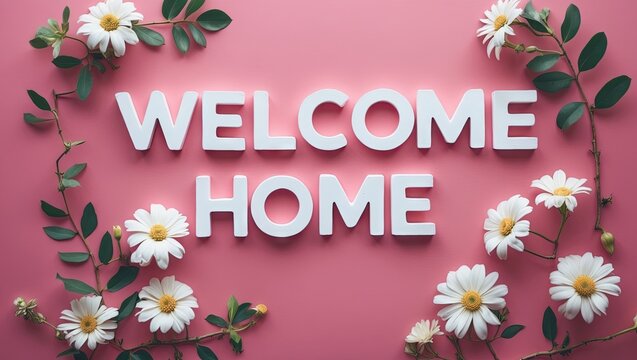 Welcome home white 3D text centered on pink background adorned with white daisies and green leaves for a cheerful welcoming atmosphere