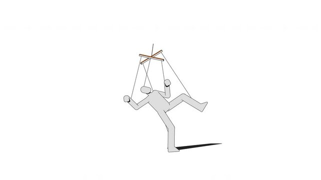 White puppet suspended by strings falling under control 2D character animation. Psychological controlled hanging subordinate figure animated marionette cartoon 4K video isolated on white transparent