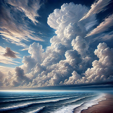Huge cumulus clouds forming over a beautiful blue ocean with waves rolling onto the shore