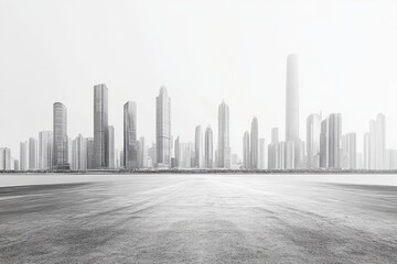 Fototapeta premium Monochrome cityscape shows tall buildings against a pale sky