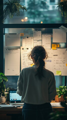 Focused woman standing with his back to the camera, planning his work sessions on a whiteboard with notes and calendars in the background, business professional mapping out ideas on a whiteboard.