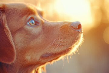 Close up of a golden retriever in warm sunset light capturing a gentle expression and shimmering fur