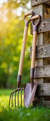 Rustic garden tools resting against wooden fence in lush greenery, gardening concept