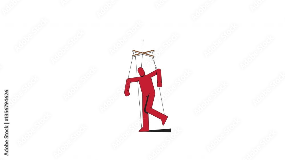 Poster red puppet figure struggling against strings 2d character animation. resistance, manipulation. psych
