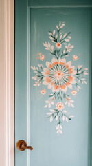 Obraz premium Ornate floral design on a teal door with elegant wooden handle enhancing home decor