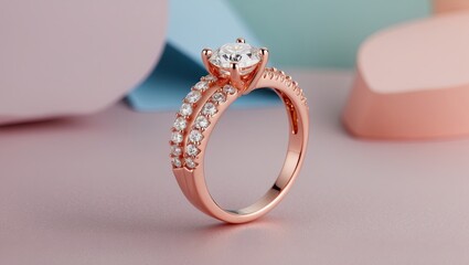 Elegant rose gold wedding ring featuring a sparkling diamond, positioned on a soft pastel pink and blue background with geometric shapes.