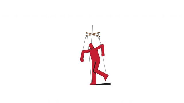 Red puppet figure struggling against strings 2D character animation. Resistance, manipulation. Psychological controlled hanging animated marionette cartoon 4K video isolated on white transparent