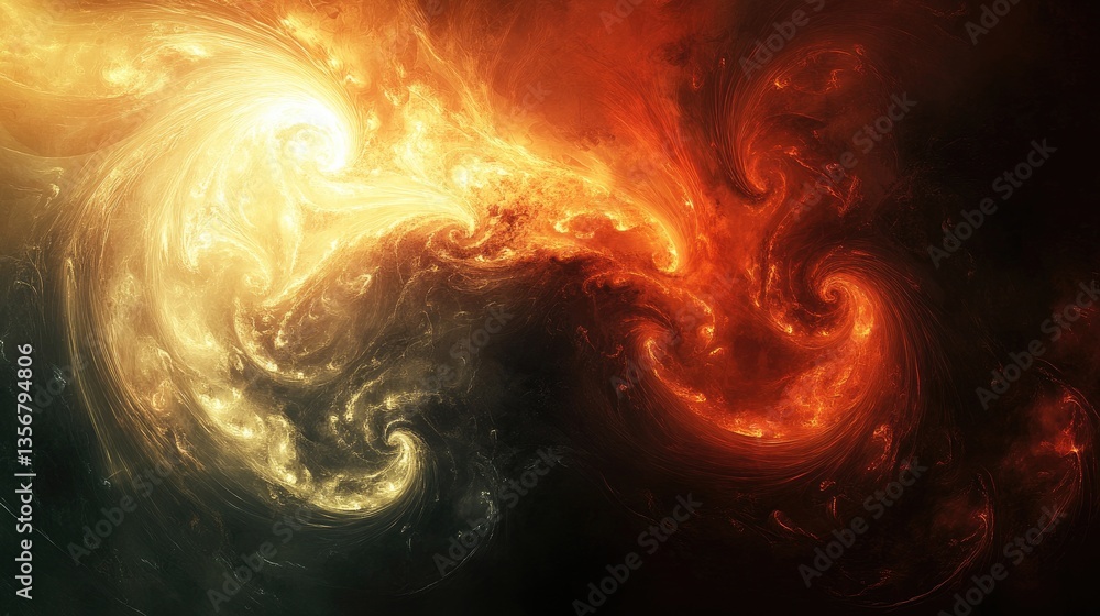 Poster abstract colorful swirl pattern with fiery orange and golden hues in a dark space background