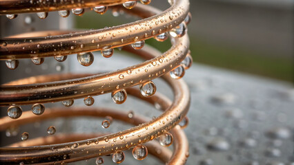 close up of metal coil unit glistening with water droplets showcases intricate design and functionality of fan system