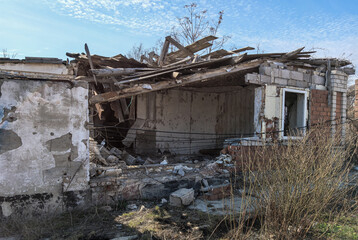 destroyed and burned houses in the city in Ukraine