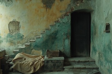 Weathered staircase and vintage decor in a rustic interior with peeling paint and a draped cloth in a quiet dwelling
