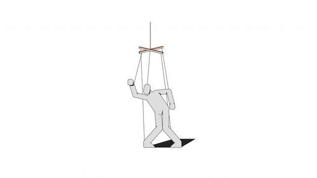 White puppet struggling for freedom 2D character animation. Authoritative power. Psychological controlled hanging subordinate figure animated marionette cartoon 4K video isolated on white transparent