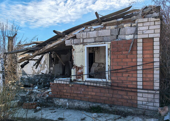 destroyed and burned houses in the city in Ukraine