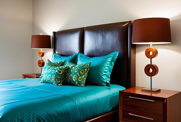 Contemporary Bedroom with Turquoise Bedding and Wooden Furniture

