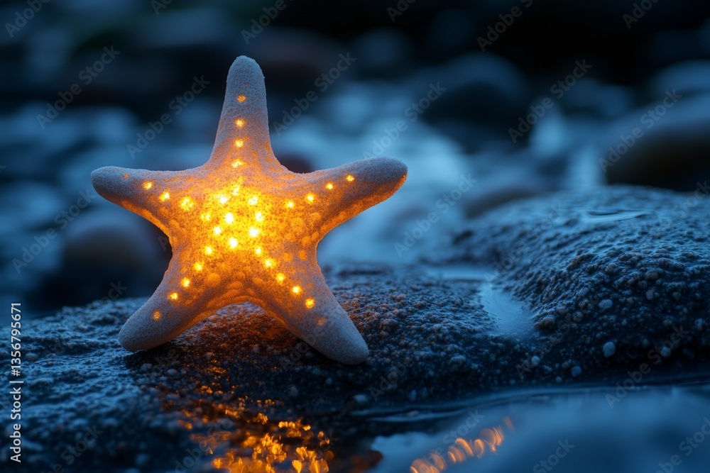 Poster starfish illuminated by soft light rests on wet stones by the shore during twilight hours