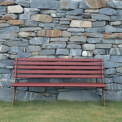 Red Wooden Park Bench Against Stone Wall Outdoor Scene