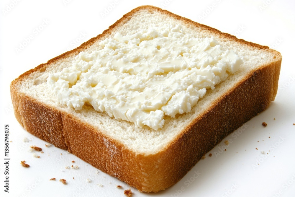 Poster slice of bread with creamy cheese spread on top on a white background in close up view for breakfast