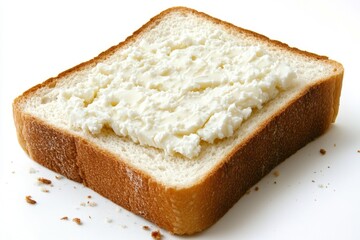 Slice of bread with creamy cheese spread on top on a white background in close up view for breakfast