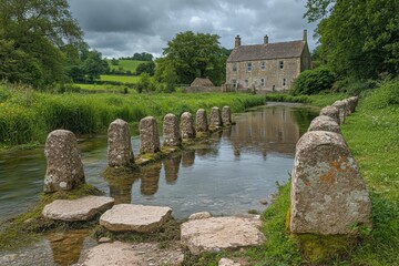 Naklejka premium Picturesque stone stepping stones across a serene river near a rustic house surrounded by lush greenery