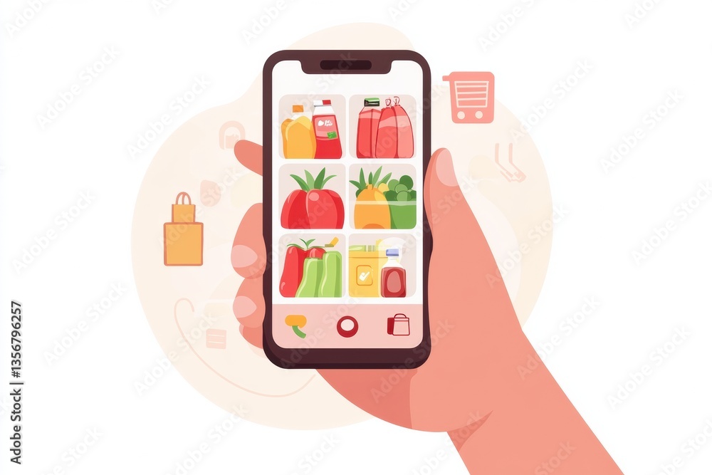 Aufkleber hand holding smartphone displaying a grocery delivery app with a vibrant layout and user-friendly de