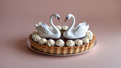 Elegant wedding pie adorned with two swan figures on a pastel pink background. Cream rosettes surround the pie, enhancing its romantic theme.