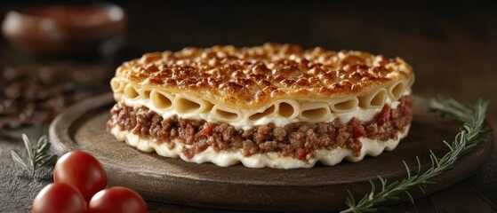 Delicious baked pasta pie with ground meat and creamy sauce on rustic wooden board culinary masterpiece