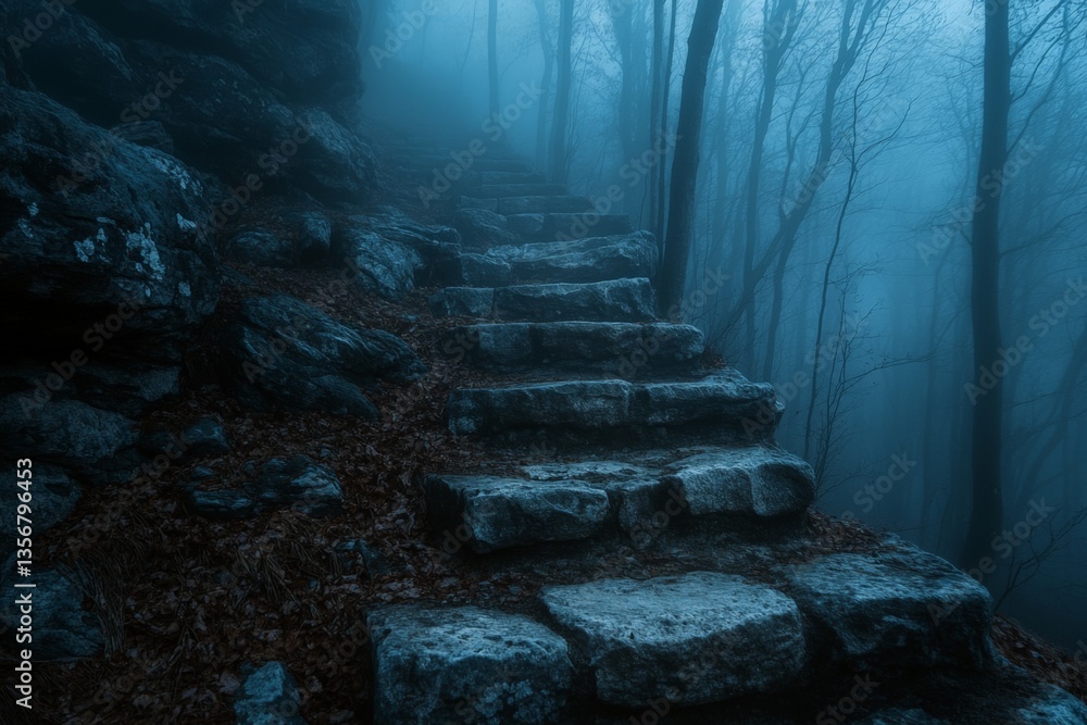 Poster Mysterious stone steps wind through a foggy forest at twilight, creating an eerie and enchanting atmosphere