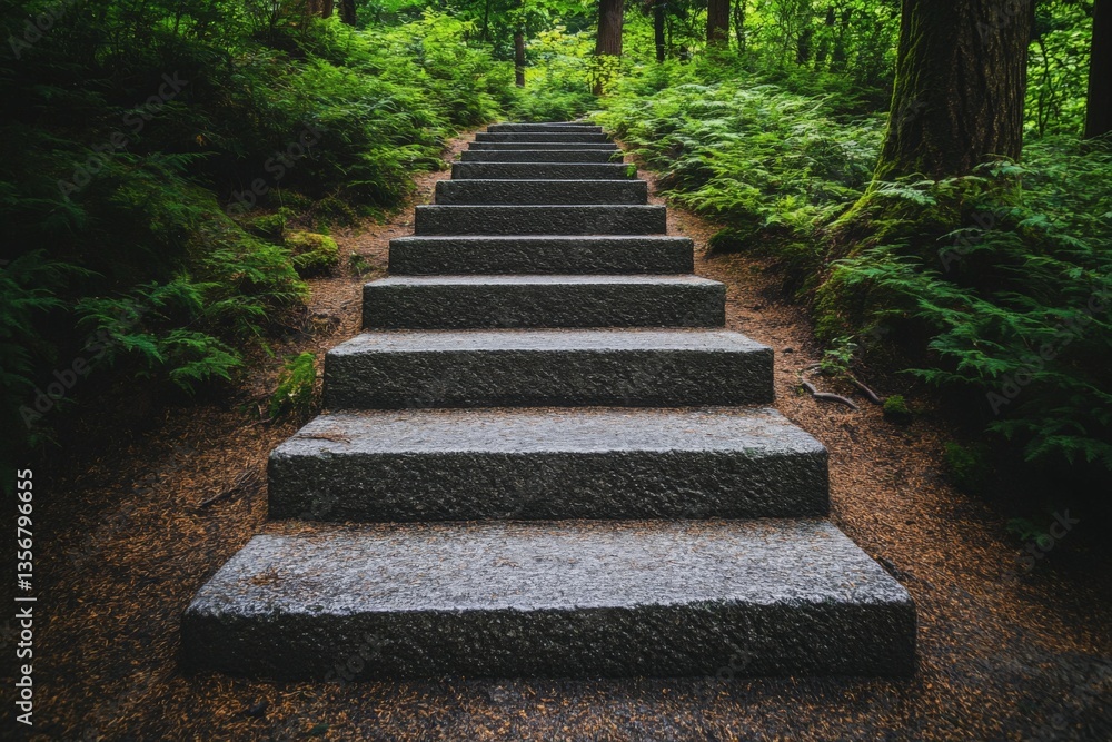Poster stone steps leading through lush forest greenery in a tranquil natural setting during daytime hours