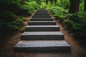 Stone steps leading through lush forest greenery in a tranquil natural setting during daytime hours