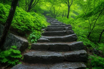 Stone steps lead through a lush forest pathway under green foliage in a serene natural setting