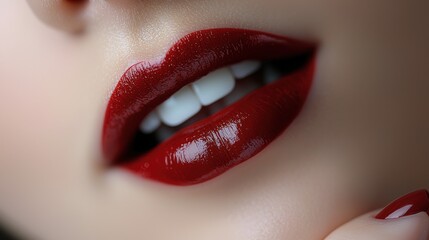 Fototapeta premium Close-up of a woman's hand with red lipstick against a white background