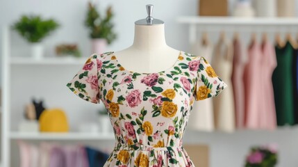 A creative fashion designer carefully pinning and arranging various fabric pieces together on a mannequin in their fashion design studio