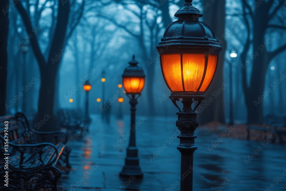 Leinwandbilder misty evening in a park with illuminated lanterns creating a serene atmosphere