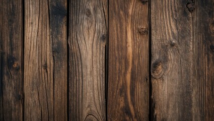 Fototapeta premium Rustic wood background featuring rich brown tones, varying textures, with vertical planks arranged closely for a warm and authentic look.