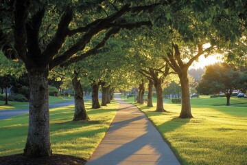 Sunlight filters through trees along a peaceful sidewalk in a suburban area during the evening hours