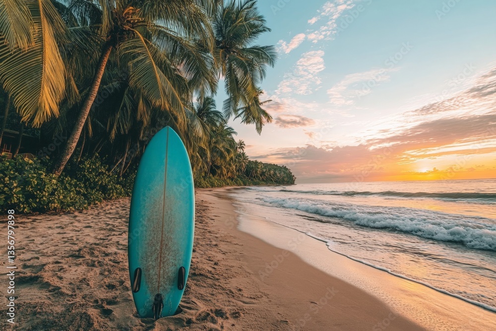 Poster surfer's paradise at sunset with a vibrant surfboard on the beach surrounded by palm trees and calm 