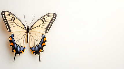 Fototapeta premium Yellow and black swallowtail butterfly on soft neutral background ideal for nature designs, posters or scientific visuals. Selective focus