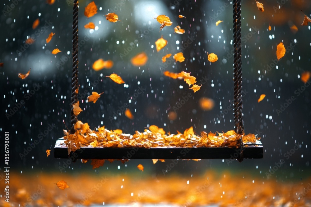 Poster colorful autumn leaves fall around an empty swing in the rain during a tranquil afternoon