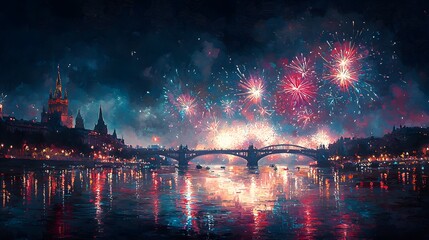 Fototapeta premium Festive Fireworks over Cityscape at Night