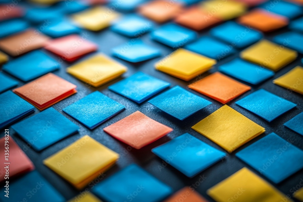 Poster Assorted colorful sticky notes organized in a pattern on a workspace surface during a brainstorming session