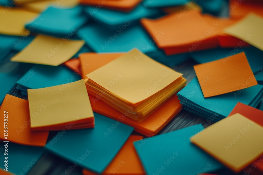 Poster Colorful sticky notes scattered on a desk during a brainstorming session in an office environment